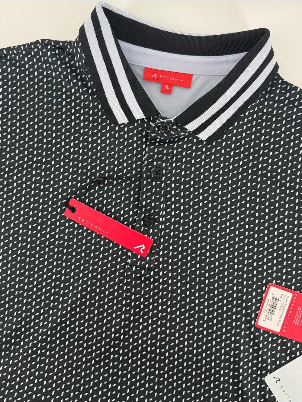 Redvanly Pascal Golf Polo Mens XL Tuxedo Black Geometric Dashes Stretch NWT